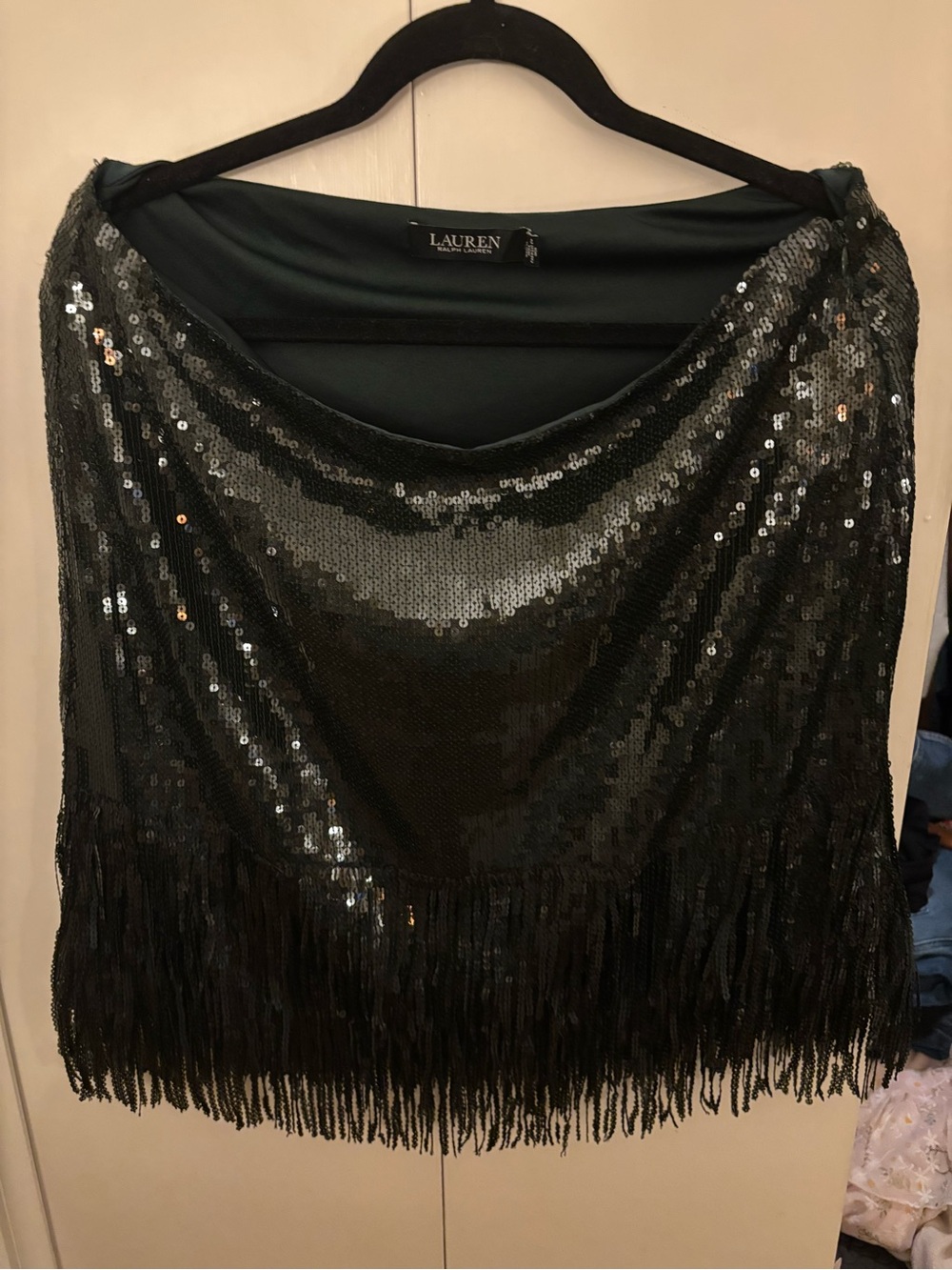 Ralph Lauren Dark Green Sequin Fringe Mini Skirt